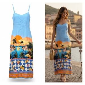 Paper Heart Maxi Sun Dress Size S Blue Italian Landscape Tie Back Cutout NWT